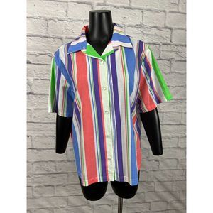 Vintage 80s Multicolor Stripe Short Sleeve Button‎ Down Collared Women's Large
